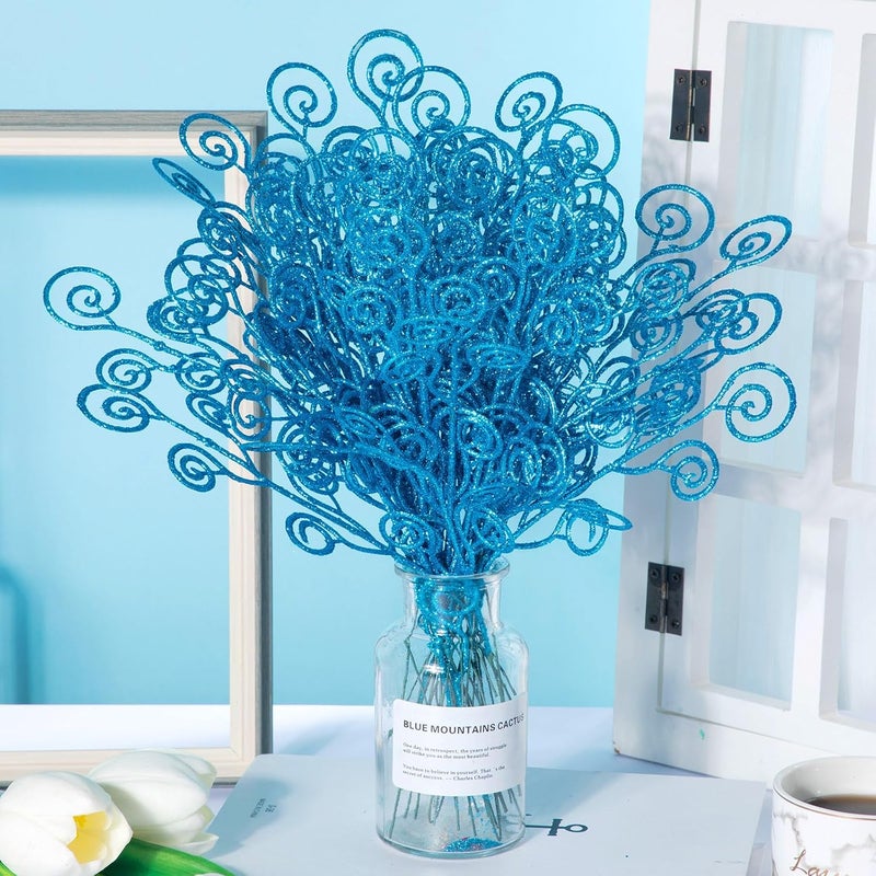 Ysleen 50 Pcs Glitter Tree Picks and Sprays Twigs Artificial Curly Stem Picks Ornaments 12 Inch Branches Sticks for Wreath Vase Fillers Valentines Gift Decoration(Blue) - Image 3